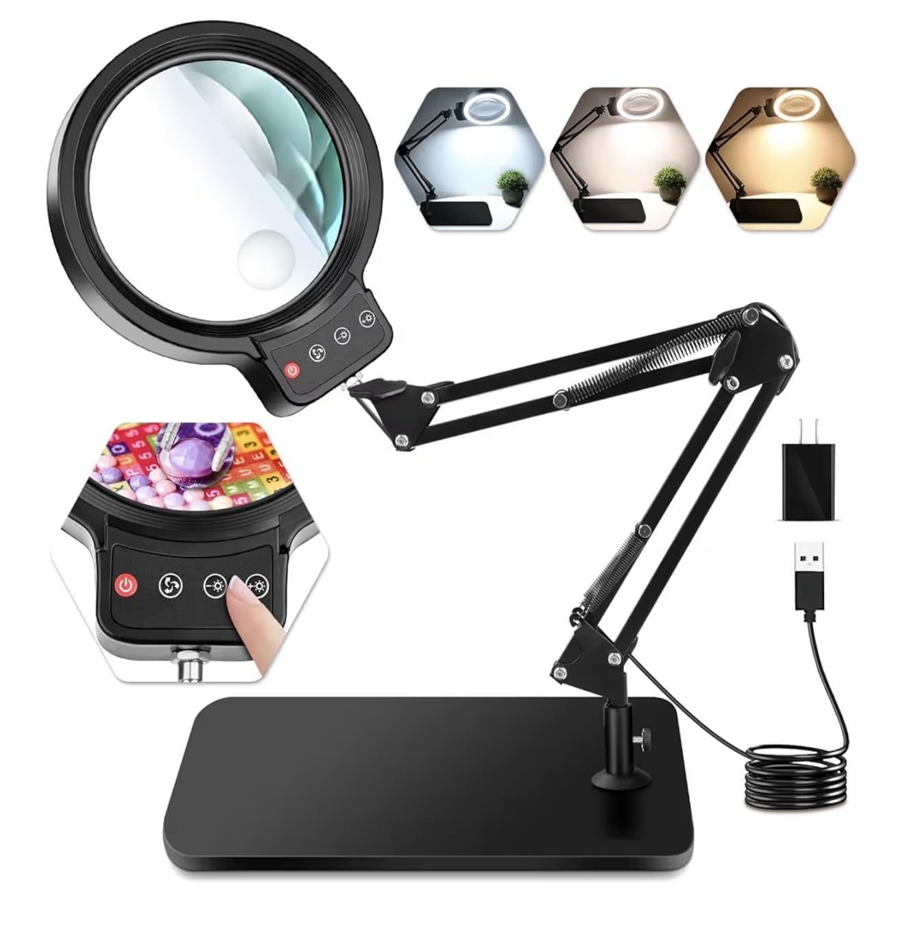 10X 30X Large Magnifying Glass with Light and Stand, 5-inch Lighted Magnifier, 72 LED 3 Color Modes Stepless Dimmable, Hands-Free Magnifying Glass Desk Lamp for Reading Craft Hobby Close Work Black customer photo 1