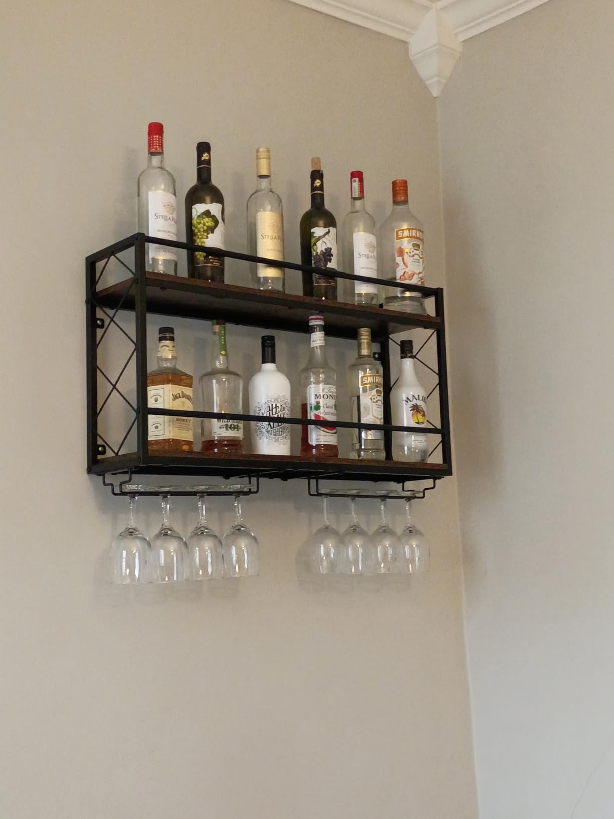 Wine Rack Wall Mounted 2 Tier Wall Wine Rack with Glass Holder, 31.5