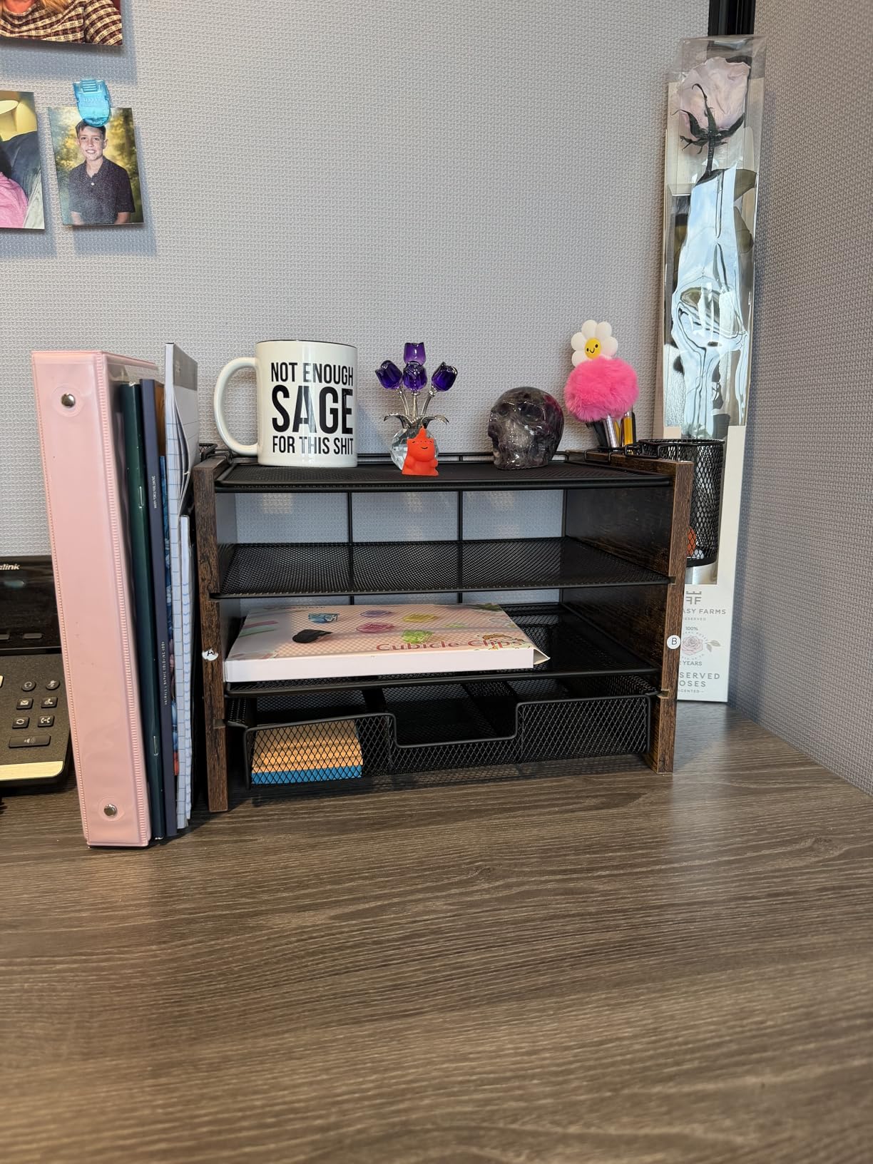 OPNICE Desk Organizer, 4-Tier Desktop File Organizer with Drawer and 2 Pen Holders, Office Desk Accessories, File Sorters, Workspace Organizers for Office Supplies(Brown Wood) customer photo 2
