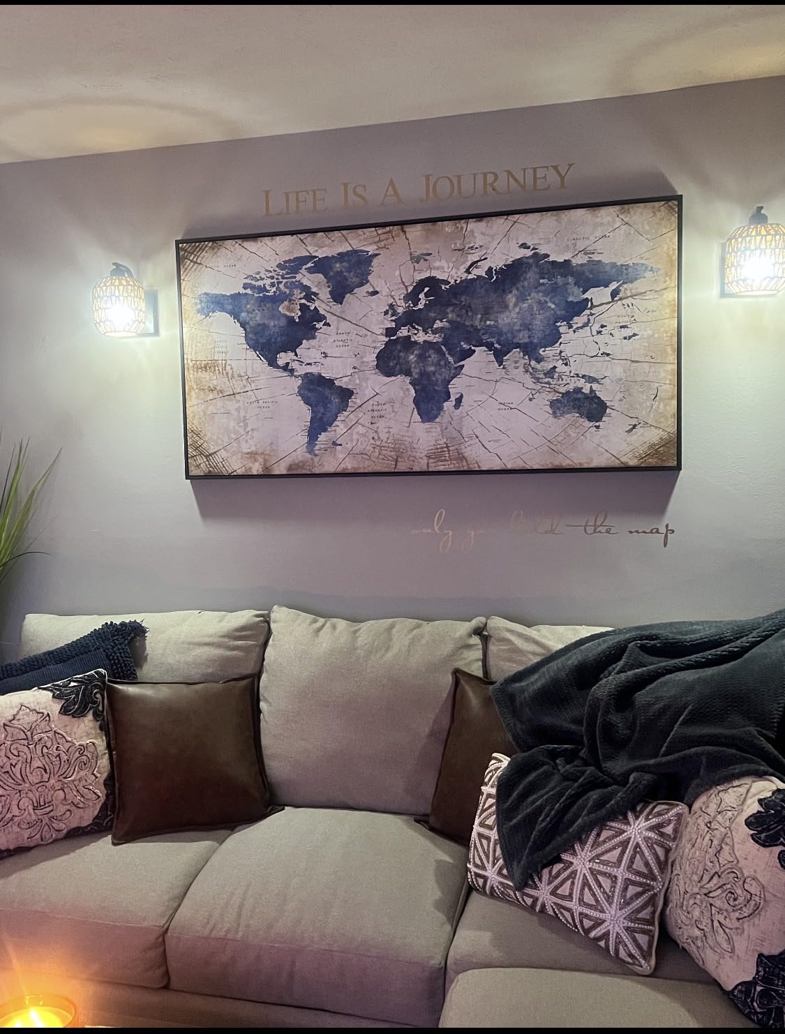 World Map Canvas Wall Art Abstract Navy World Maps for Wall Vintage Modern Wall Art for Office Framed Pictures for Living Room Bedroom Wall Decoration for Home Office Decor Artwork for Walls 24x48IN customer photo 2
