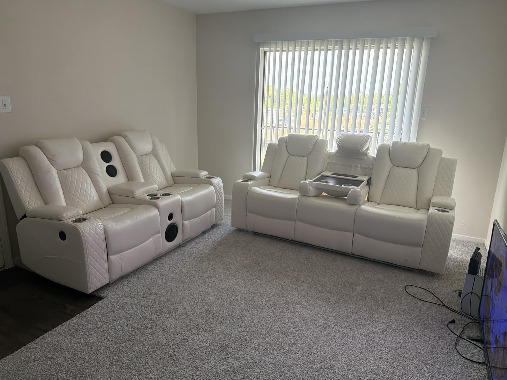 Power Zero Gravity Recliner Sofa Set with Bass Speaker for Living Room, Faux Leather 3 Seater Reclining Couch and Loveseat Seating with Wireless Charger,Reading Light,Home Theater Love seat Sets,White customer photo 1