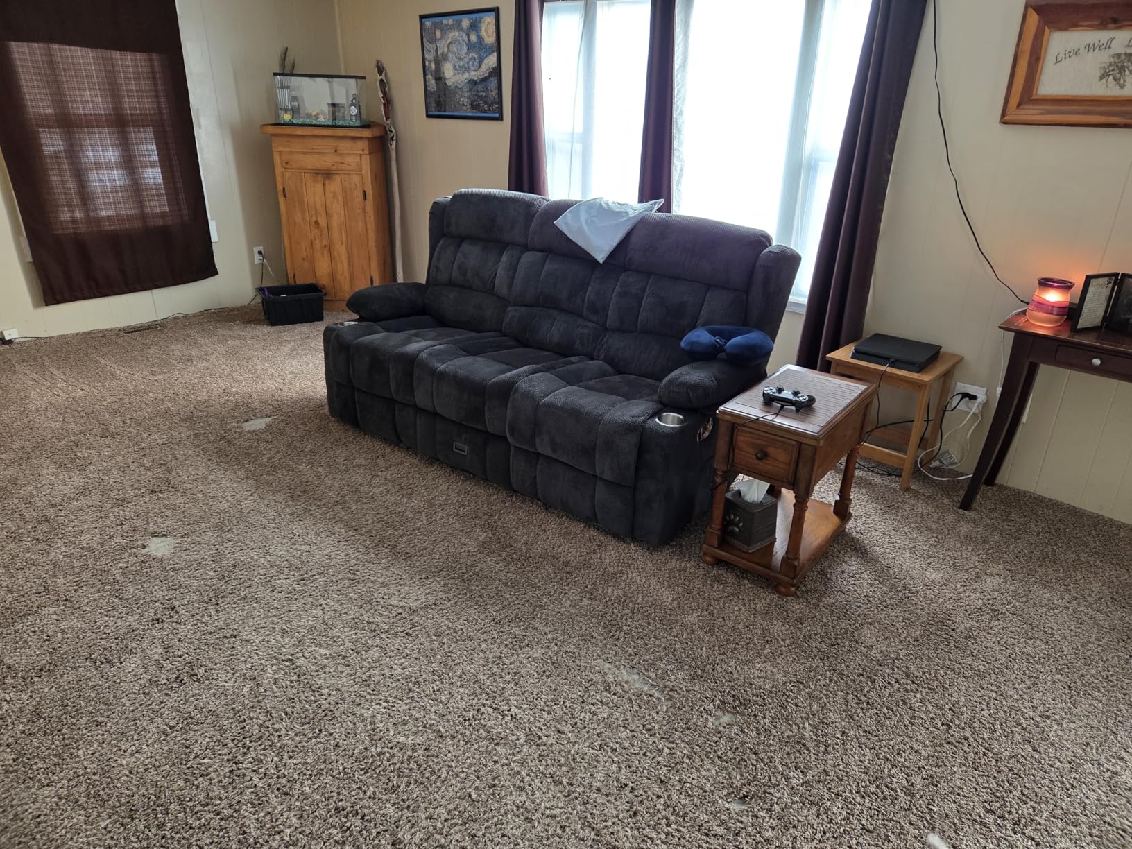 Dresegmt Loveseat Recliner Sofa, Flip Middle Backrest Design PU Leather 3 Seat Reclining Sofa with Storage Drawer, Manual Couch for Living Room/RV (Black, PU) customer photo 1