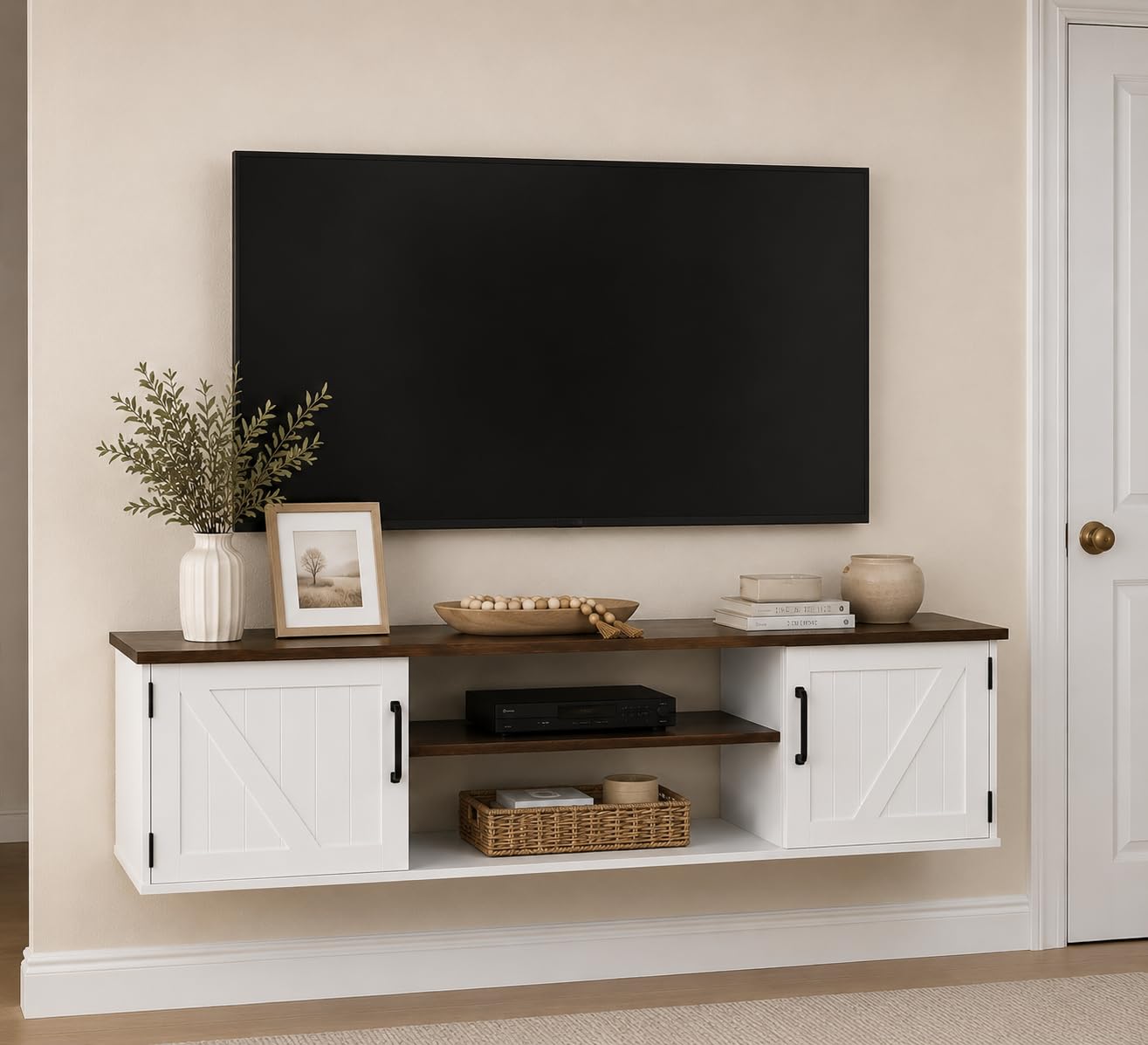 Floating TV Stand with Doors, 63'' Farmhouse Floating TV Shelf for TVs up to 80 Inch, 2 Tier Wall Mounted TV Stand, Floating Entertainment Center, TV Floating Cabinet for Living Room, Bedroom, Black customer photo 1
