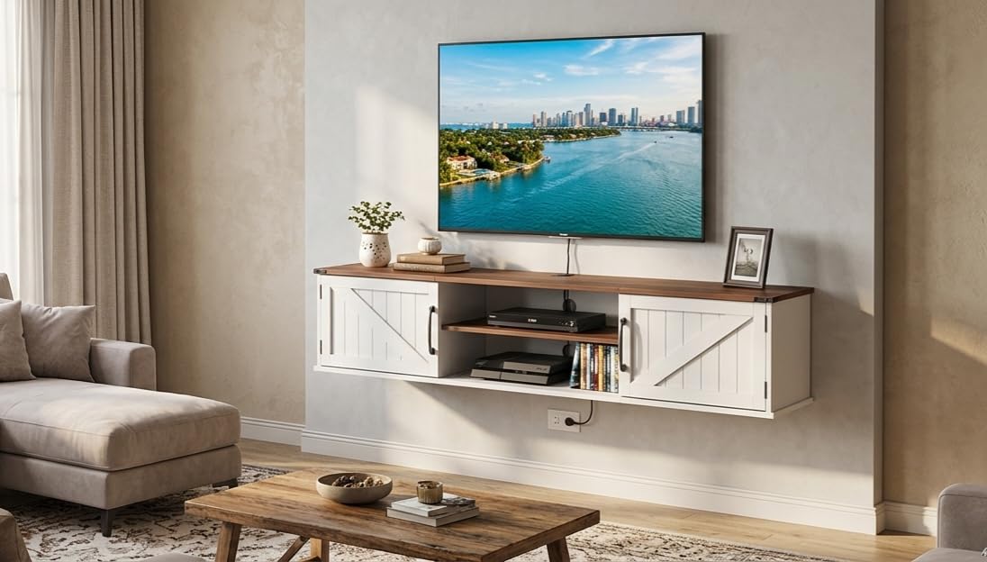Floating TV Stand with Doors, 63'' Farmhouse Floating TV Shelf for TVs up to 80 Inch, 2 Tier Wall Mounted TV Stand, Floating Entertainment Center, TV Floating Cabinet for Living Room, Bedroom, Black customer photo 2
