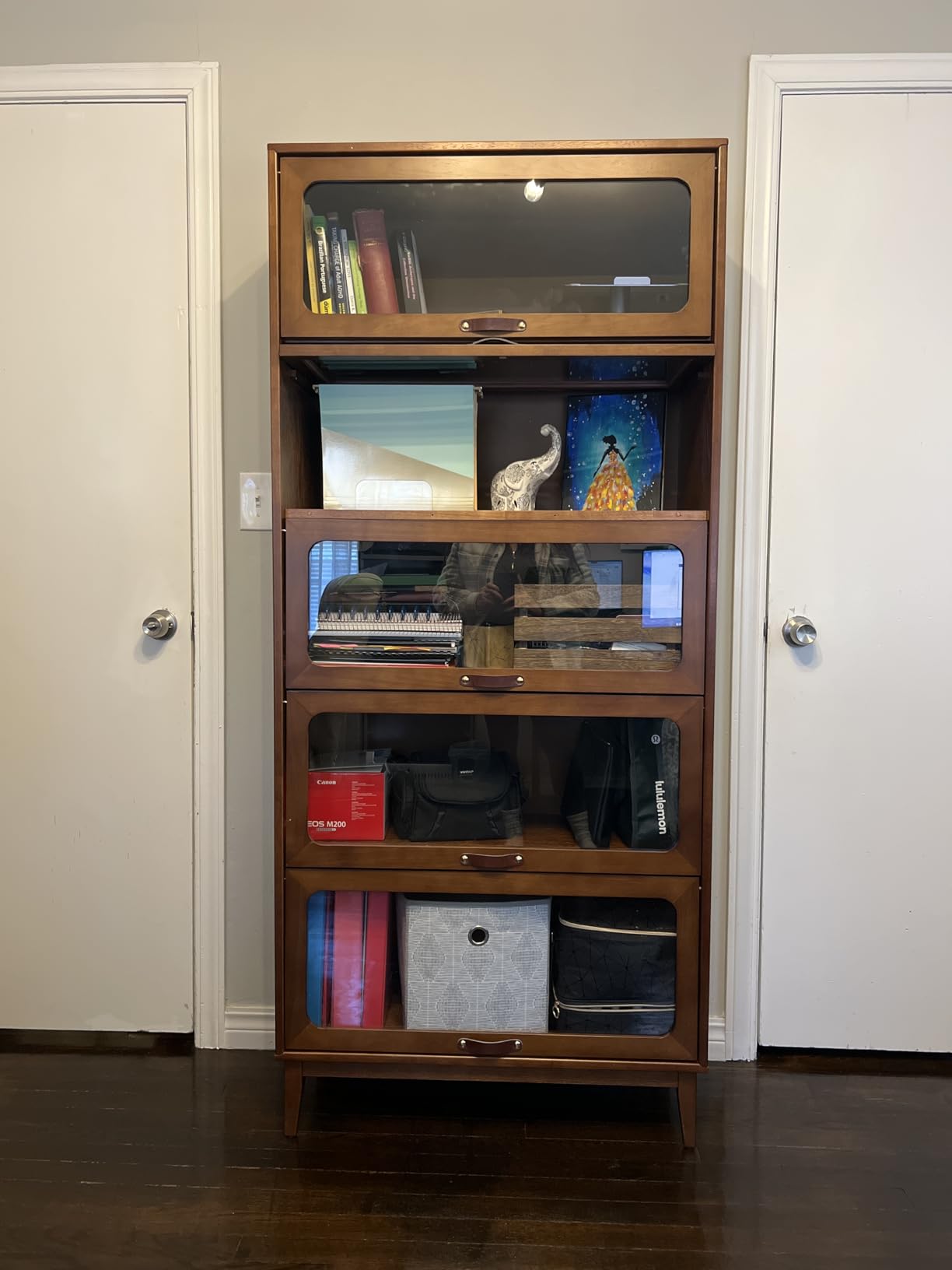 Solid Wood Book Case 5 Tier Bookcase with Tempered Clear Glass Flip-Up Doors Bookshelves Brown natural wood Bookshelf Versatile Pantry Cabinet with Storage Home Office (log color D14xW32xH72 inch) customer photo 2