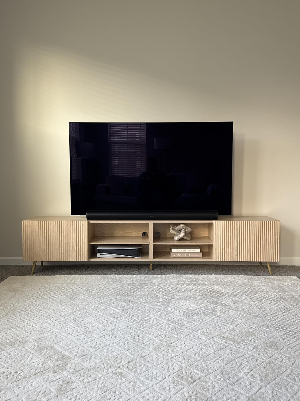 Modern 86in TV Stand for Living Room, Fluted Design Entertainment Center with Adjustable Shelves, Media TV Console Table with Storage for Bedroom, Nature customer photo 1