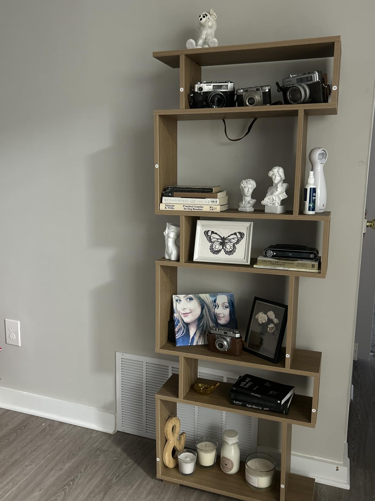 Giantex 6-Tier Geometric Bookshelf, S-Shaped Bookcase with 2 Anti-Tipping Kits, Wooden Display Shelf, Decorative Storage Shelving Unit, Home Storage Organizer for Office Living Room (1, Walnut) customer photo 1