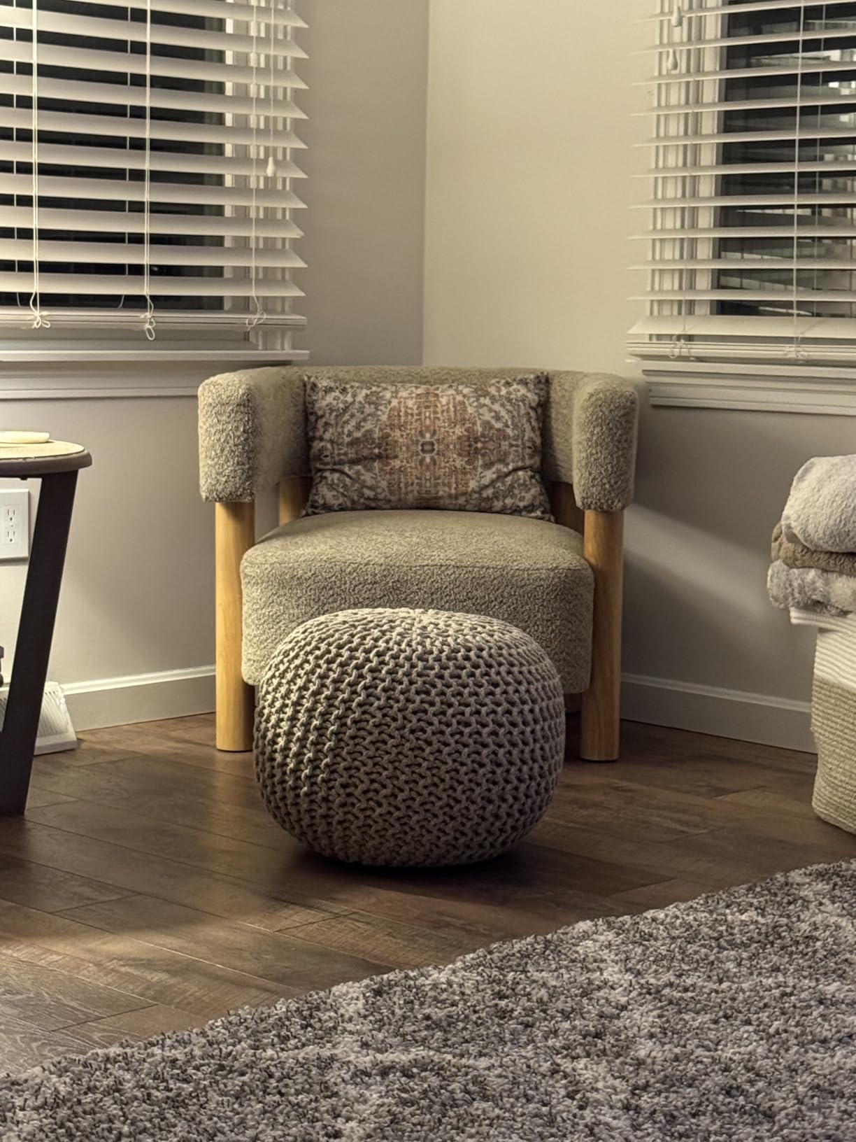 Christopher Knight Home Carly Low Profile Accent Chair, Round Backrest Side Chair, Living Room Armchair with Boucle Fabric Cushion, Comfy Reading Chair for Bedroom, Wooden Single Lounge Sofa, Light Camel customer photo 1