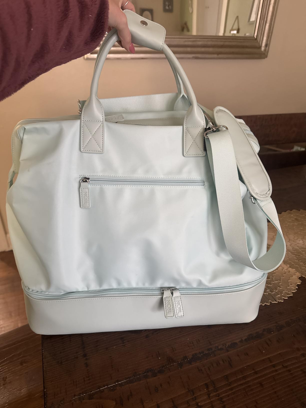 NOBL Travel Weekender Bag for Women & Men, Large Duffel Carry-On Tote with Trolley Sleeve, Separate Shoe Compartment & Laptop Pocket, Leather Overnight Bag for Airplane, Gym, Road Trips - Forest Green customer photo 2