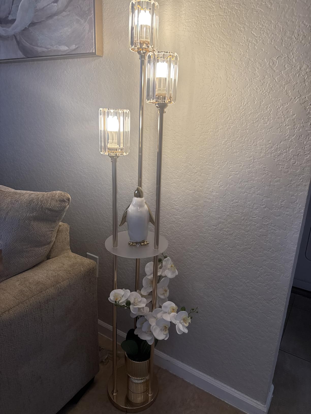 HMVPL Gold Standing Lamp with Shelf, Vintage Floor Lamp for Living Room, Retro Floor Lamp with Table, Mid Century Tall Lamp with Amber Crystal Shade, On/Off Switch, Brass Boho Corner Lamp for Bedroom customer photo 1