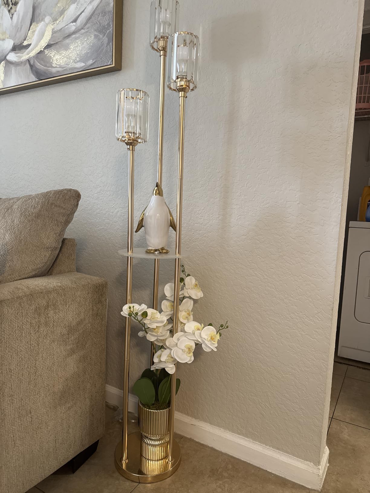 HMVPL Gold Standing Lamp with Shelf, Vintage Floor Lamp for Living Room, Retro Floor Lamp with Table, Mid Century Tall Lamp with Amber Crystal Shade, On/Off Switch, Brass Boho Corner Lamp for Bedroom customer photo 2