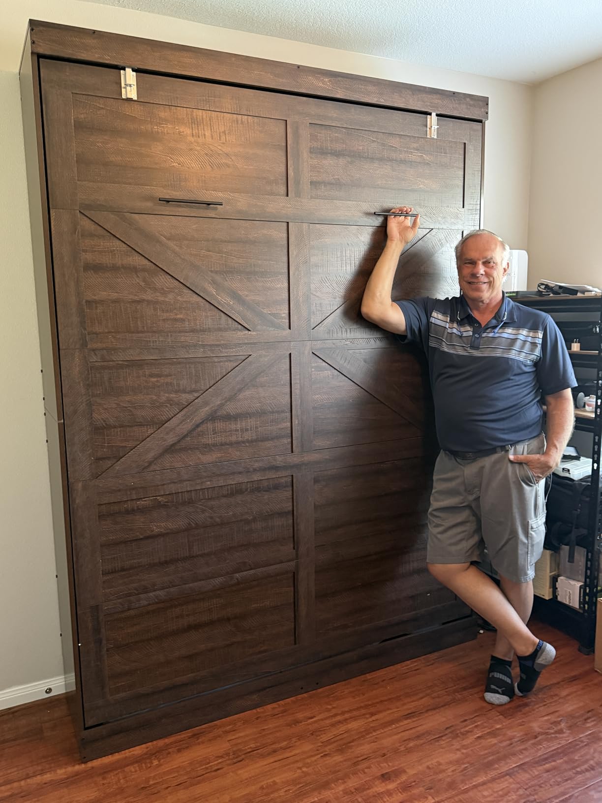 Hlivelood Full Size Murphy Bed with 2 LED Lights, Farmhouse Wood Hidden Foldable Wall Bed Frame w/Gas Struts, Storage Bed Cabinet for Bedroom, Office, Space-Saving, No Box Spring Needed, Rustic White customer photo 1