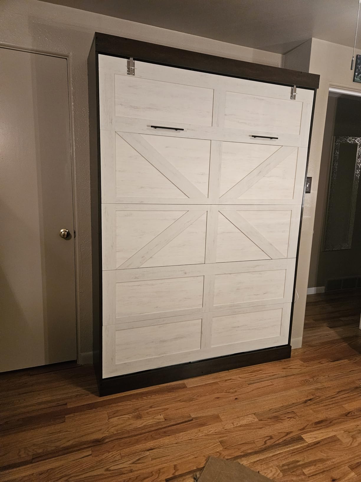 Hlivelood Full Size Murphy Bed with 2 LED Lights, Farmhouse Wood Hidden Foldable Wall Bed Frame w/Gas Struts, Storage Bed Cabinet for Bedroom, Office, Space-Saving, No Box Spring Needed, Rustic White customer photo 2