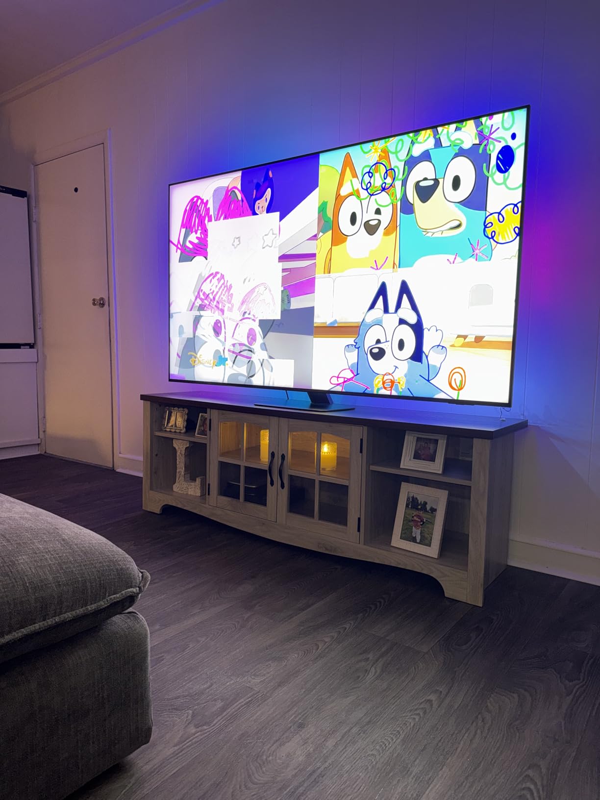 LINSY HOME TV Stand for 75 Inch TV with Storage Cabinets and Glass Doors, Modern Farmhouse customer photo 2