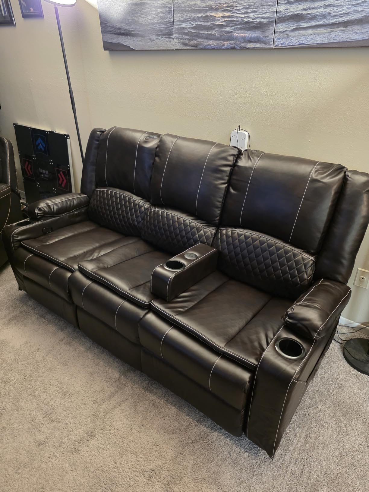 Redesigned Recliner Sofa 3 Seater Couch with Recliner, Home Theater Seating with Liftable Console & Removable Armrest, Manual PU Leather Sofa Reclining with Storage & USB Ports for Living Room customer photo 2