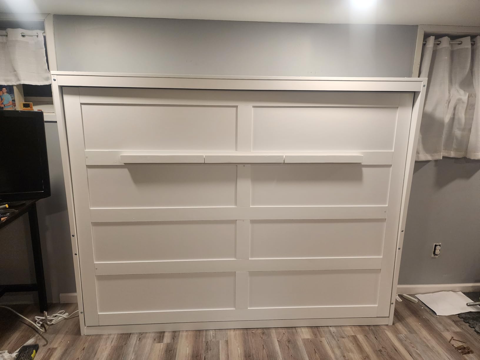 Merax Farmhouse Multi-Functional Murphy Bed with Sofa, Desk & Storage Cabinet, Solid Wood Foldable Wall Bed/Space Saving/No Box Spring Needed/Full, White + Gray customer photo 1