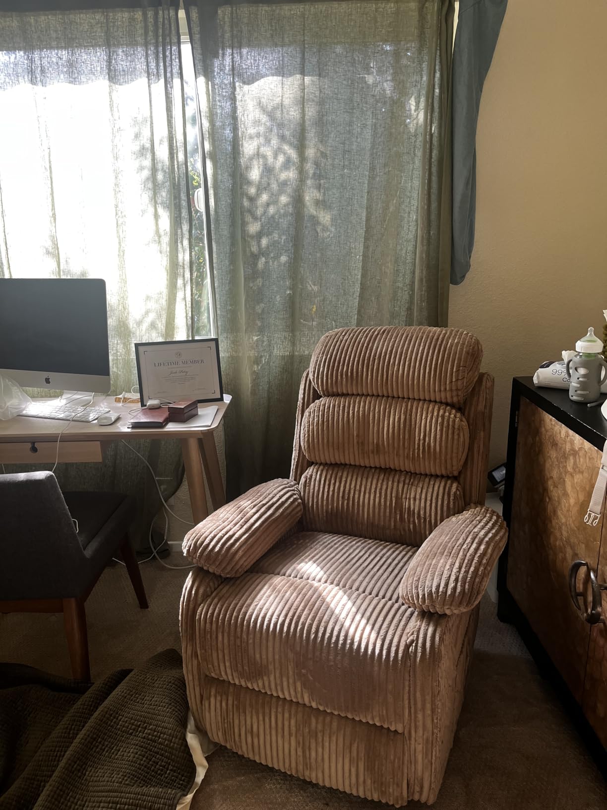 Plush Premium Velvet 360° Swivel Rocker Recliner Chair - High Back Glider with Generous Footrest, Supportive Armrests & Side Pocket for Nursery, Living Room & Small Spaces Grey customer photo 1