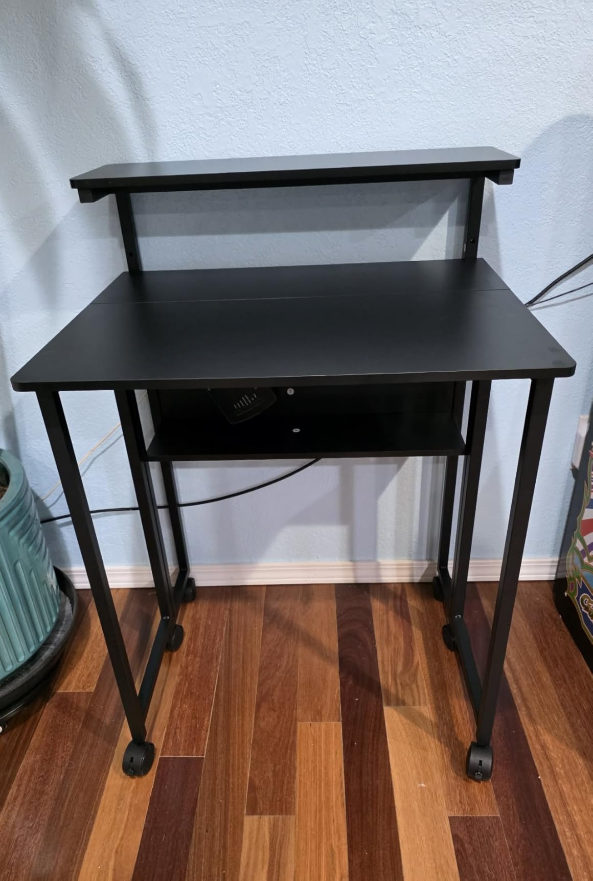 GreenForest Folding Desk with Adjustable Monitor Stand and Storage Shelf, 24.8in Small Desk with Wheels, Mobile Rolling Table for Small Spaces, Home Office, Walnut customer photo 1