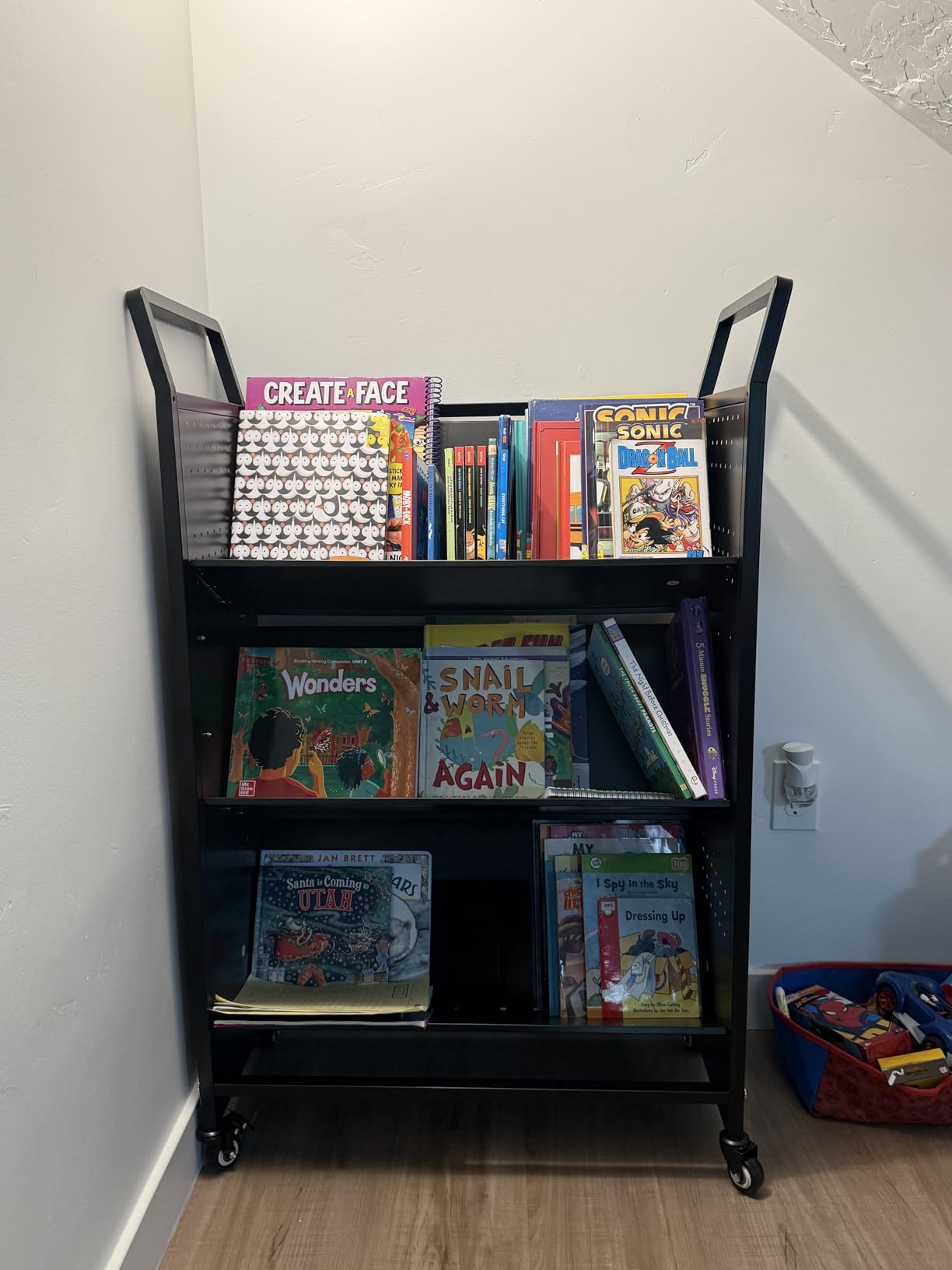 2-in-1 Book Cart with Wheels, 352LBS Rolling Bookshelf Utility Cart with L/V-Shaped Shelves, Hooks, Stands, 3 Tier Single Sided Office Library Truck for Home School, Black customer photo 1