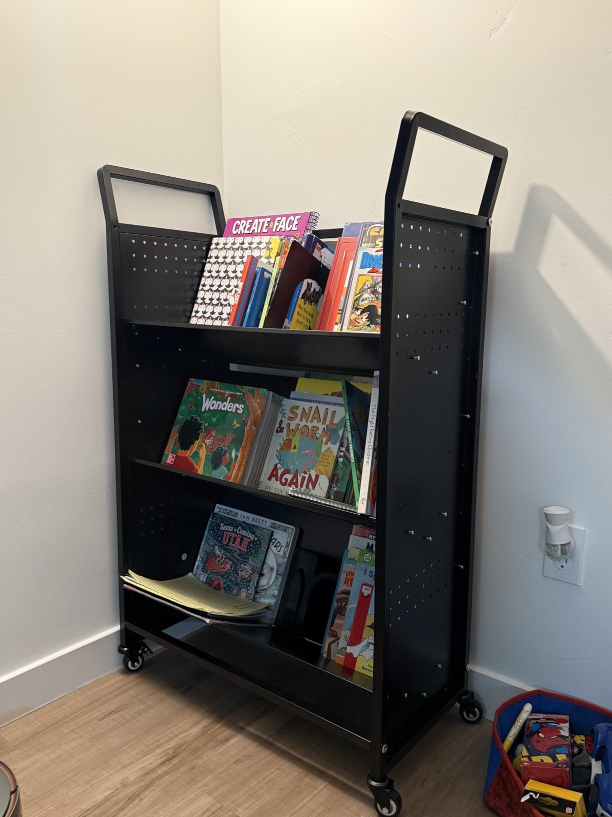 2-in-1 Book Cart with Wheels, 352LBS Rolling Bookshelf Utility Cart with L/V-Shaped Shelves, Hooks, Stands, 3 Tier Single Sided Office Library Truck for Home School, Black customer photo 2