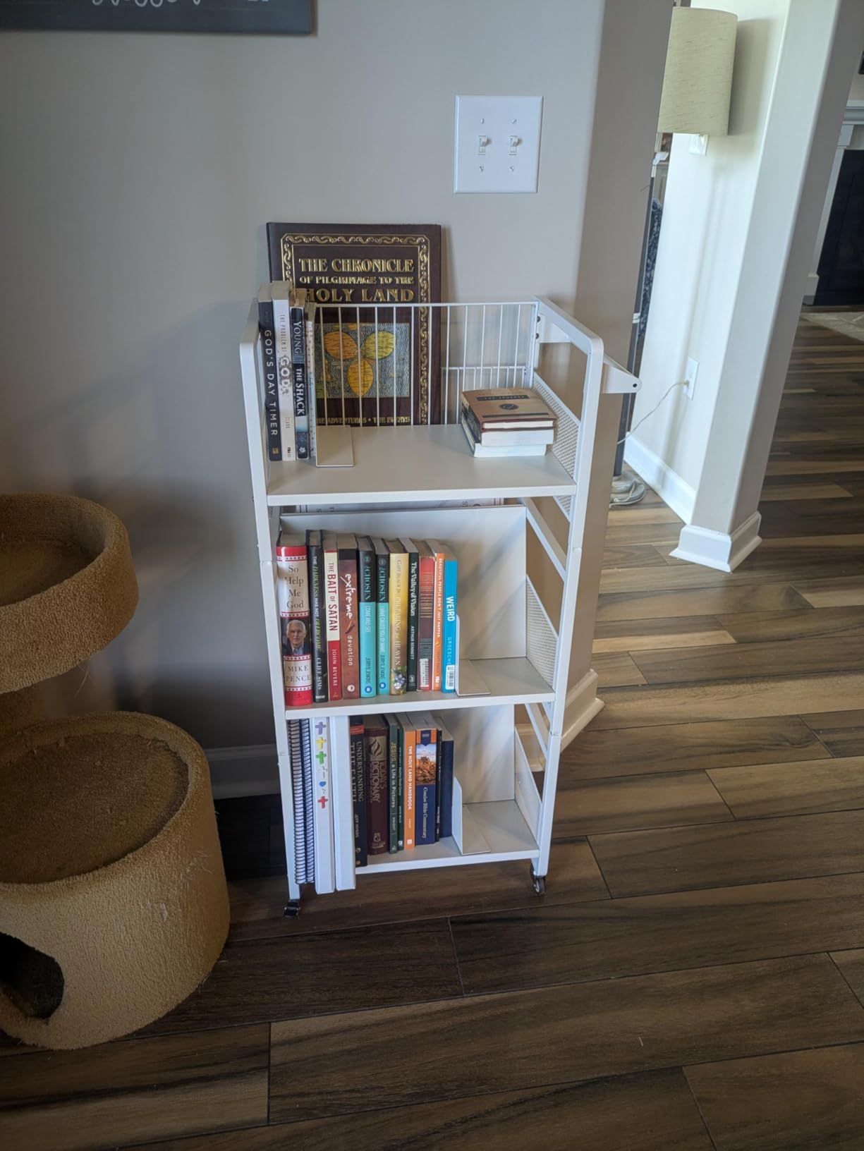 UMDONX Heavy-Duty Double-Sided Book Cart with Silent Wheels and 3 Magnetic Book Shelves, Rolling Book Shelf, Library Book Cart, Suitable for Home, Office, or School (White) customer photo 2
