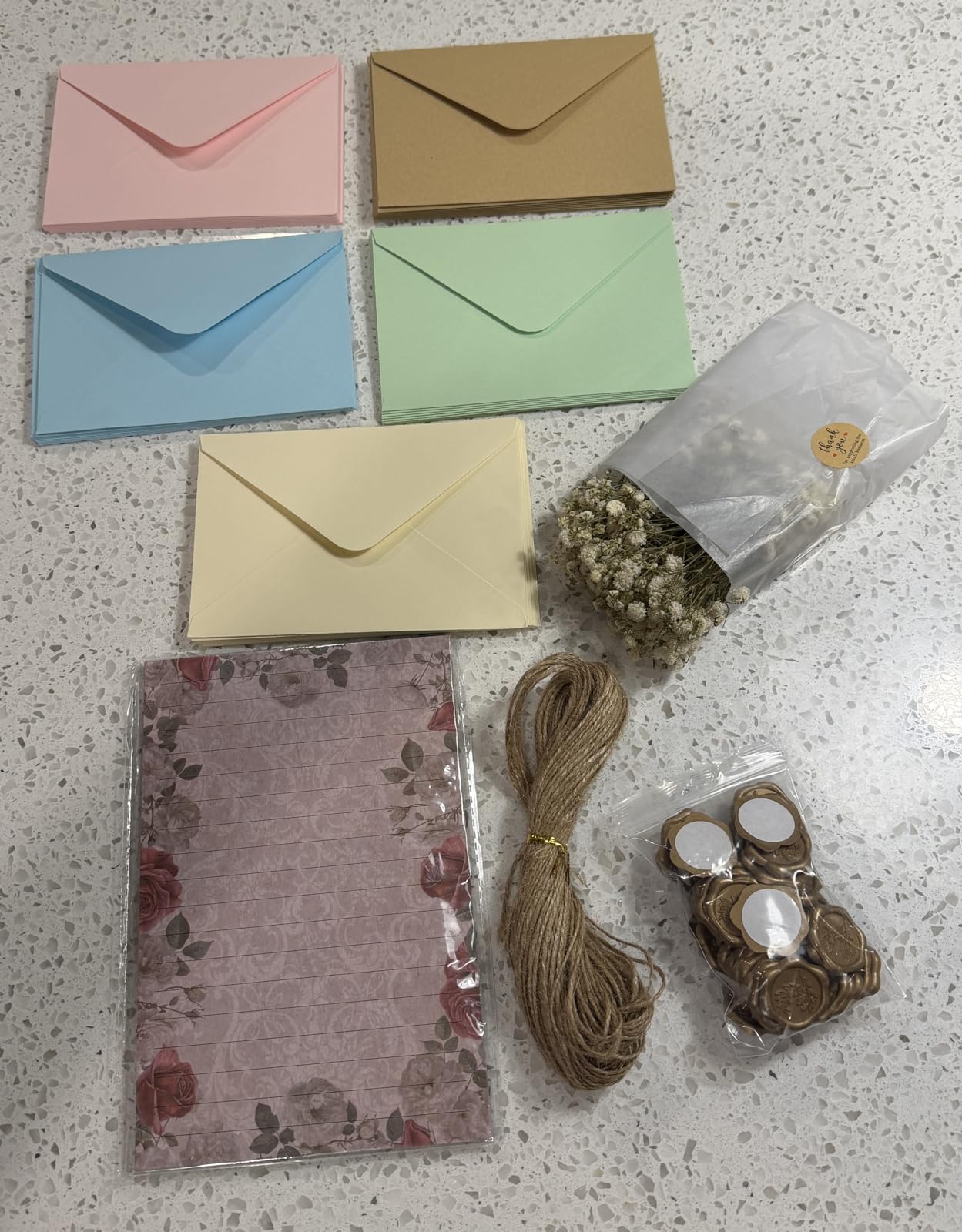200 Pcs Stationary Writing Paper with Envelopes Set 50 Vintage Floral Letter 50 Envelopes 50 Dried Babys Breath 50 Wax Seal Stickers Hemp Ropes Letter Writing Kit Stationery Gifts for Wedding customer photo 1