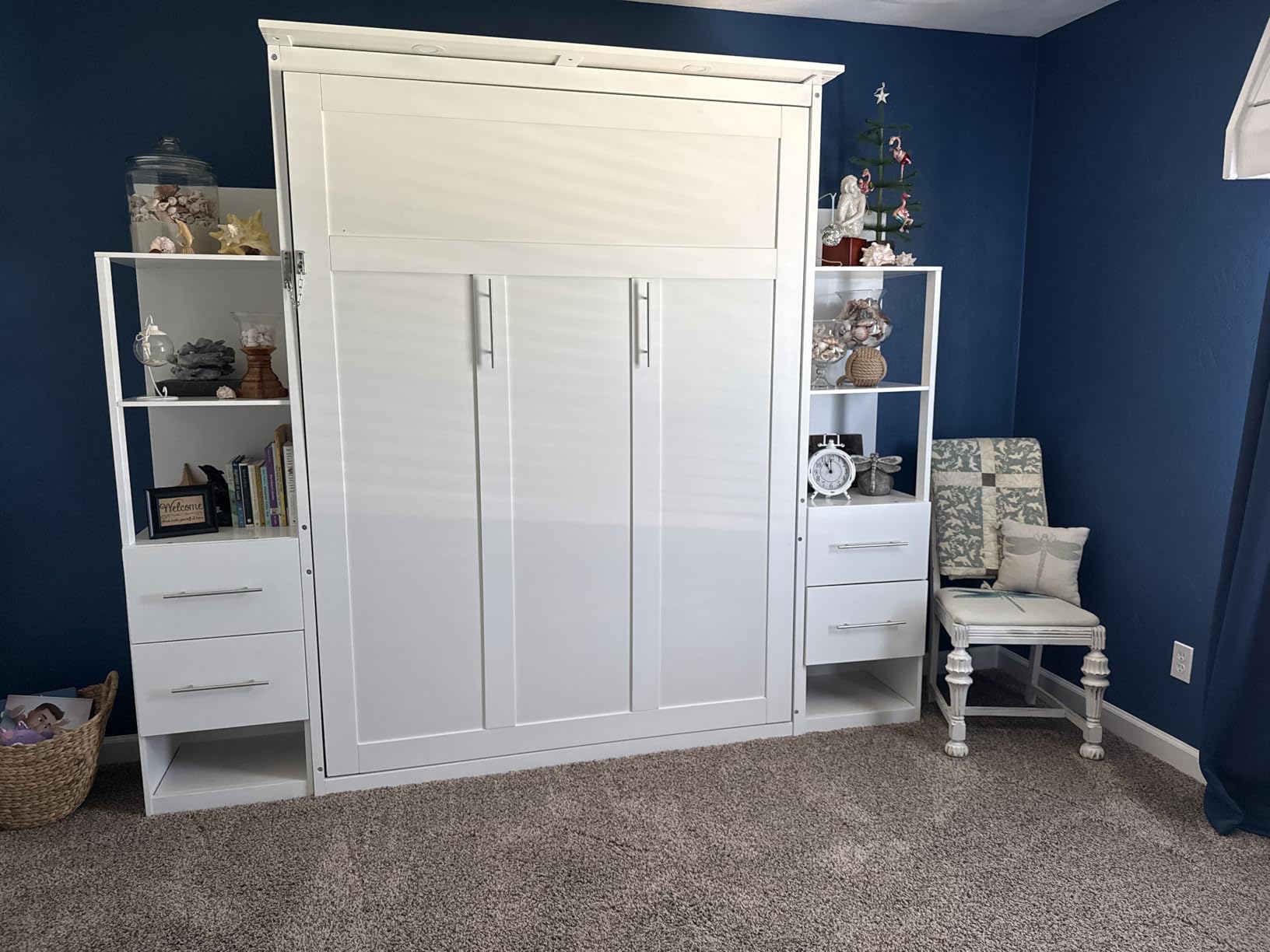 MERITLINE Queen Murphy Bed with Storage Bookcase Shelves & Drawers,LED Lights,Folding Wood Murphy Wall Bed Cabinet with Storage for Adults (White) customer photo 1