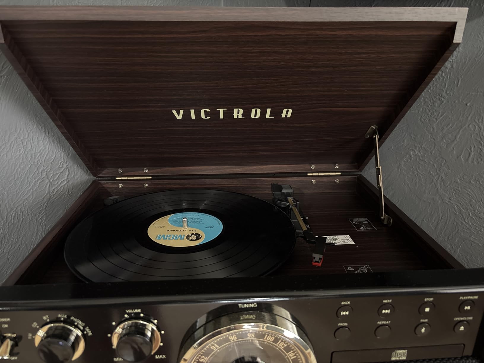Victrola The Empire Mid-Century 6-in-1 Turntable & Multimedia Center with Built-in Speakers - 3 Speed, Bluetooth Connectivity, Radio, Cassette & CD Player, RCA Out, Headphone Jack (Walnut) customer photo 1