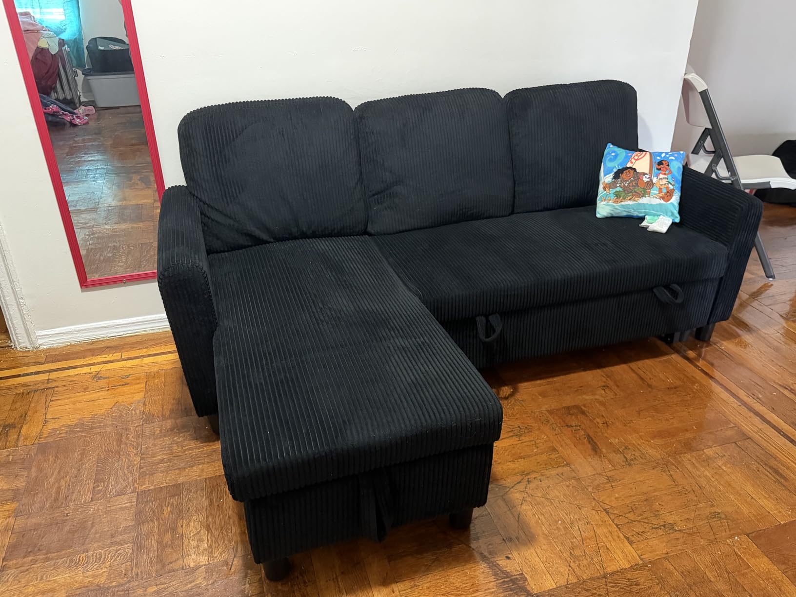JAMFLY Pull Out Sleeper Sofa Bed with Storage Chaise, L-Shaped Corduroy Sectional Couch, 3-Seater Convertible Sofa with Hidden Storage for Small Living Room, Apartment, Office, Grey customer photo 1