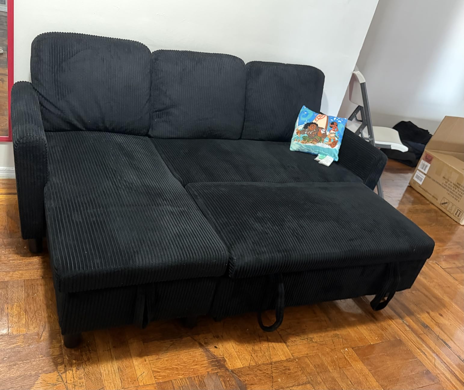 JAMFLY Pull Out Sleeper Sofa Bed with Storage Chaise, L-Shaped Corduroy Sectional Couch, 3-Seater Convertible Sofa with Hidden Storage for Small Living Room, Apartment, Office, Grey customer photo 2