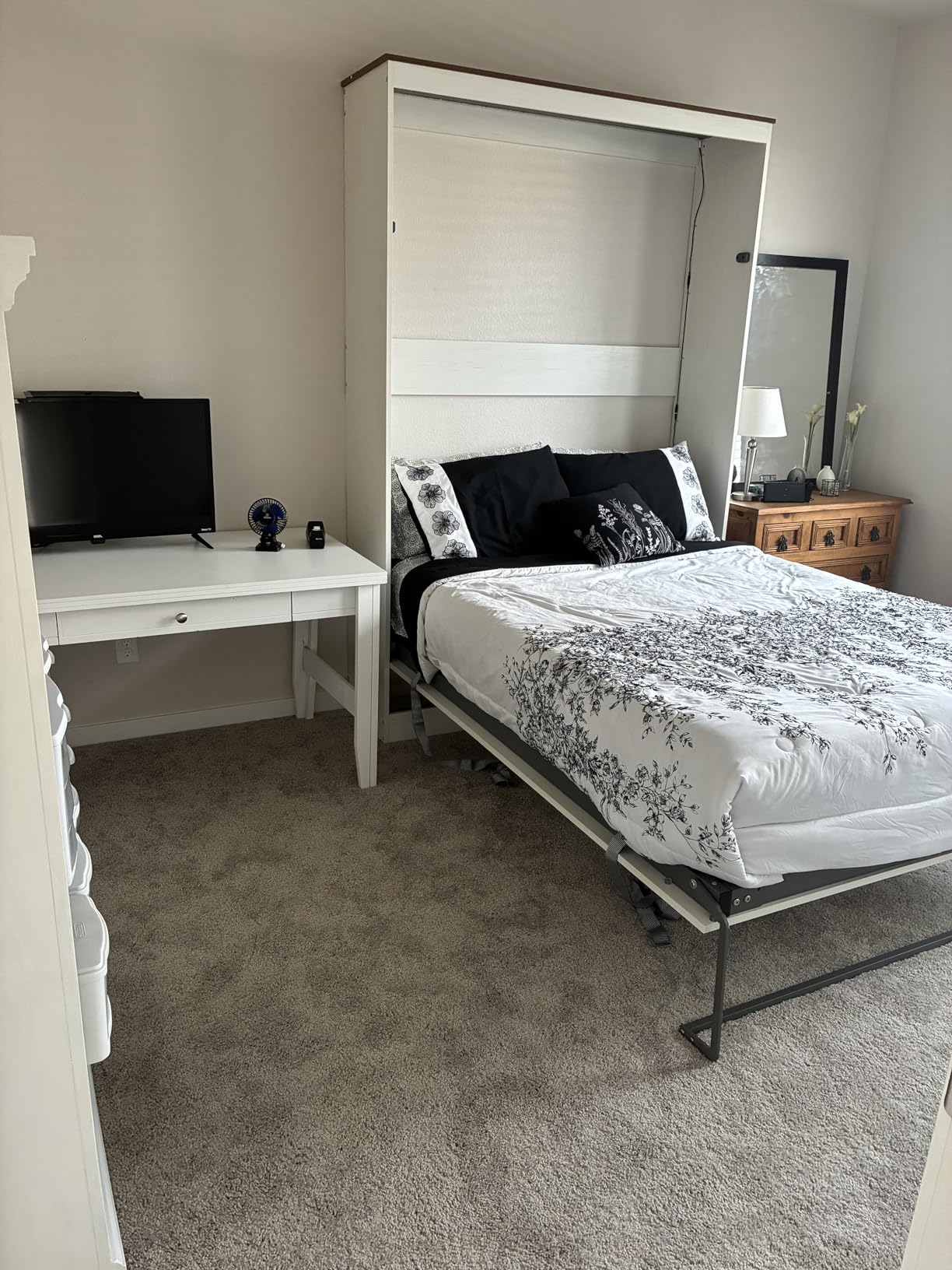 AMERLIFE Full Size Murphy Bed with LED Light, Farmhouse Foldable Wall Bed with Charging Station & Gas Struts, Space-Saving Hidden Bedframe for Guest Room, Bedroom & Home Office, White customer photo 1