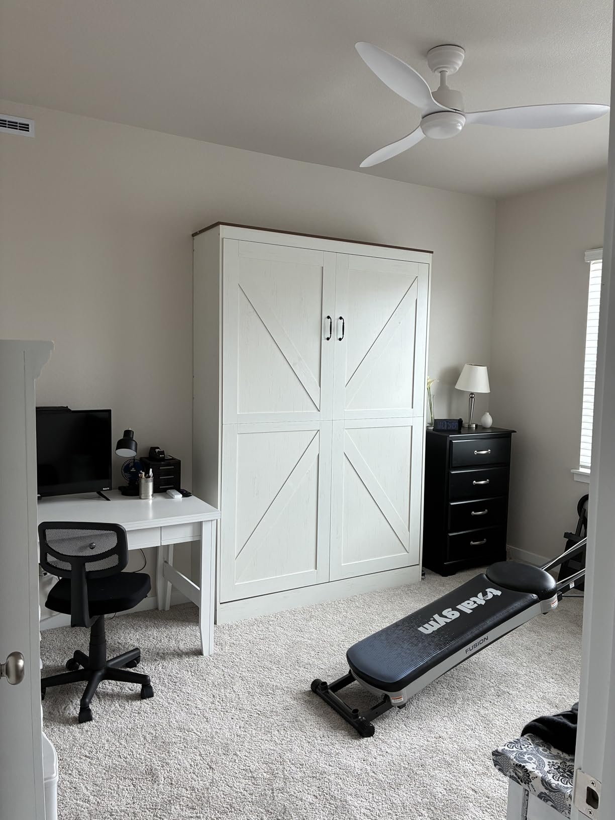 AMERLIFE Full Size Murphy Bed with LED Light, Farmhouse Foldable Wall Bed with Charging Station & Gas Struts, Space-Saving Hidden Bedframe for Guest Room, Bedroom & Home Office, White customer photo 2