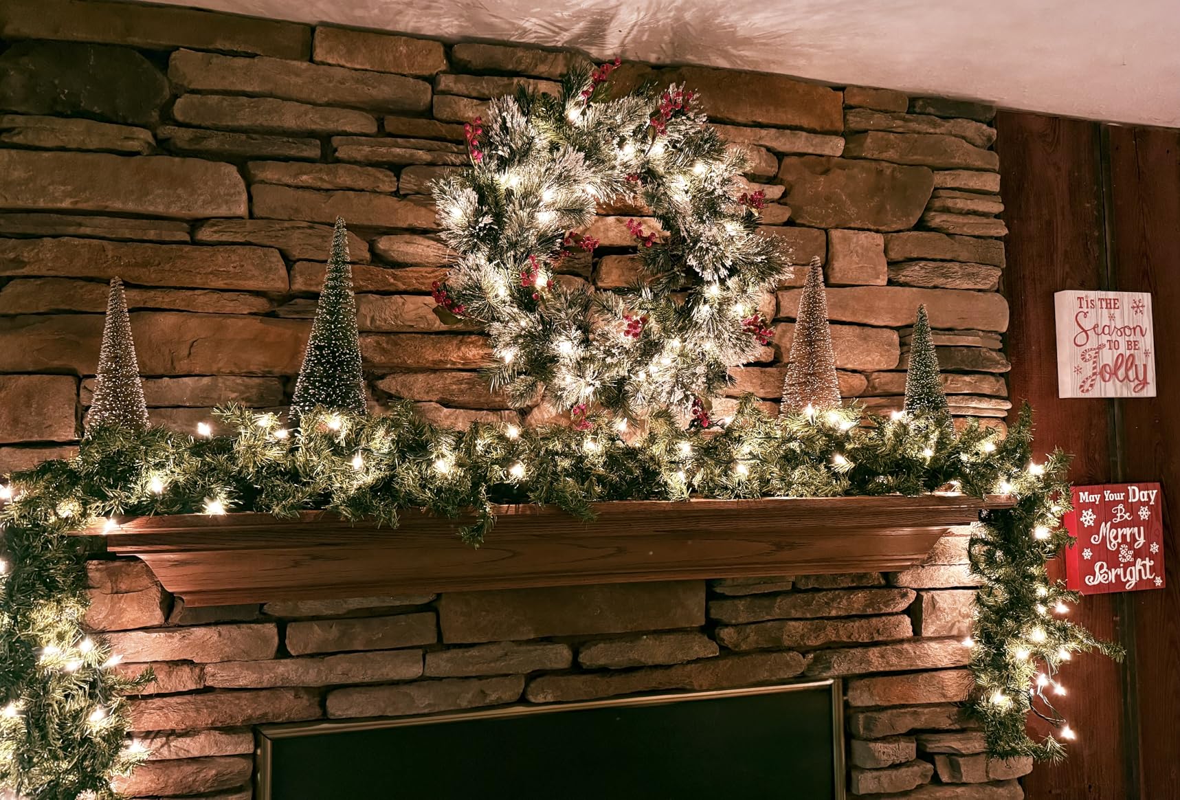 National Tree Company 24 in Pre-Lit Wintry Pine Flocked Artificial Christmas Wreath, Christmas Decoration with Pinecones, Red Berries, 50 Clear LED Lights, 113 Tips, Timer, Green customer photo 2