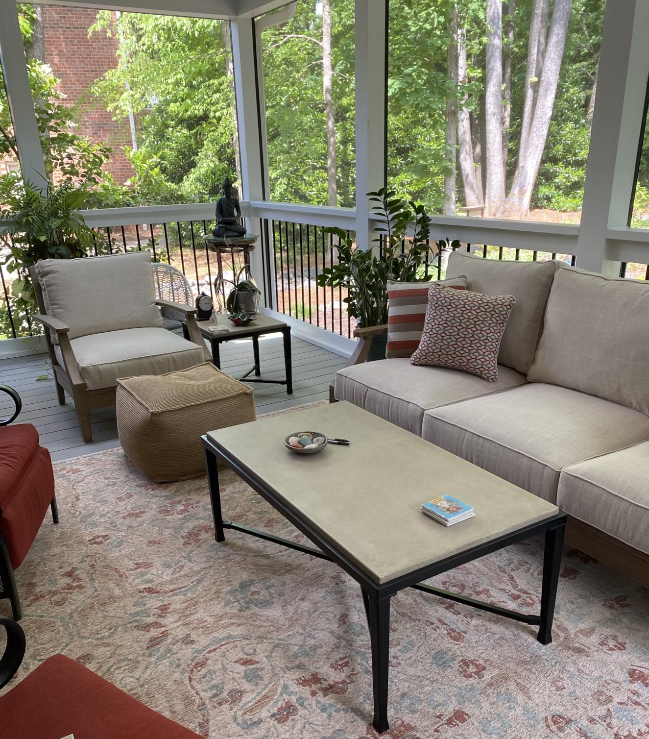 Signature Design by Ashley Clare View Outdoor Patio Sofa, 4 Throw Pillows, Nuvella Weather Resistant Fabric, Eucalyptus Wood, Beige customer photo 2