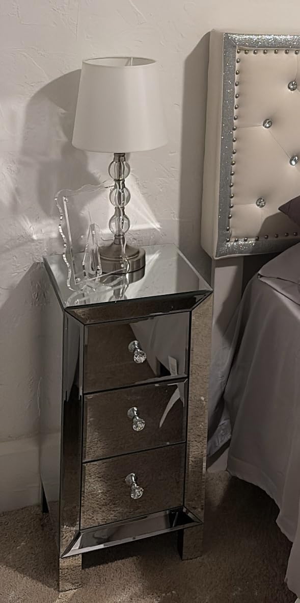 Bonnlo 3-Drawer Mirrored Nightstand End Table Bedside Table for Bedroom, Living Room, Silver, 11.7