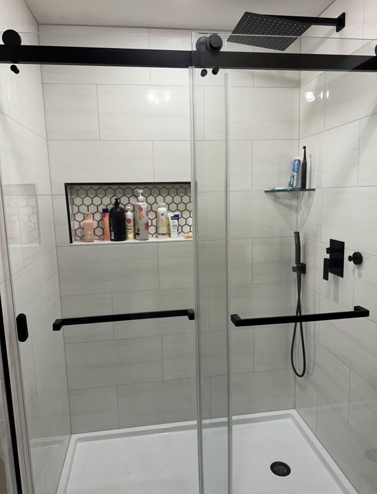 gotonovo Rainfall Bathroom Shower System Rain Shower Head and Handle Set Wall Mounted Shower Complete Combo Solid Brass Pressure Balancing Shower Mixer Valve 10 Inch Matte Black customer photo 2