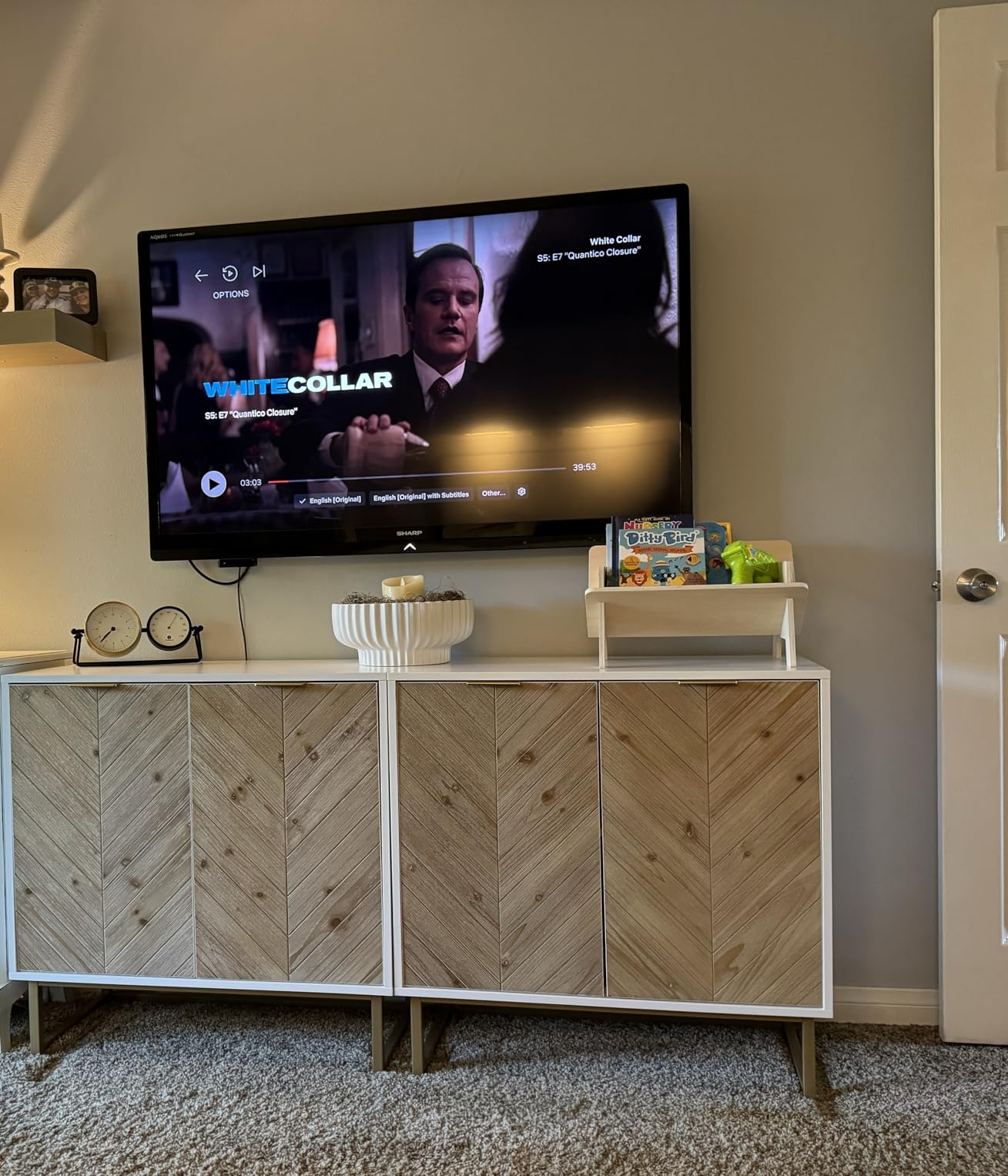 Nathan James Enloe Modern Storage Free Standing Accent Cabinet White with Doors in a Rustic Pine Wood Finish and Gold Powder-coated Metal Base for Hallway, Entryway or Living Room, Brown/White/Gold customer photo 2
