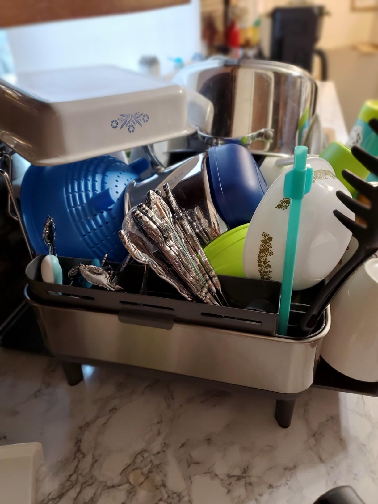 simplehuman Steel Frame Dishrack, Large Capacity Dish Drying Rack, 360º Easy Drain Swivel Spout, Utensil & Wine Glass Holder, Anti-Residue Coating, Moisture Control Surface, Brushed Stainless Steel customer photo 2