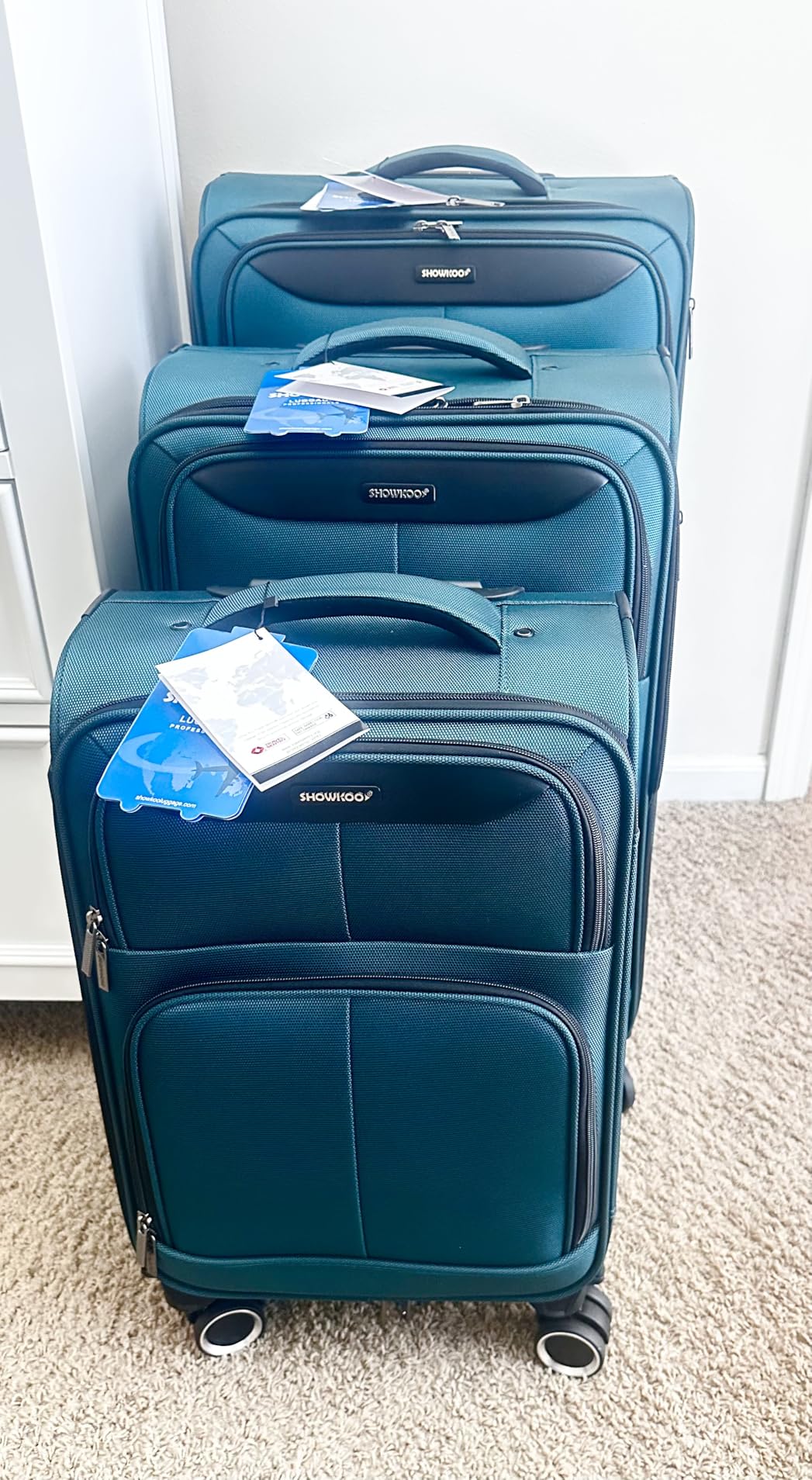 SHOWKOO Luggage Sets 3 Piece Softside Expandable Durable Suitcase Sets | Durable Oxford Fabric, Lightweight, 360° Silent Double-Row Spinner Wheels, TSA Lock, YKK Zippers, Blue (20in/24in/28in) customer photo 2