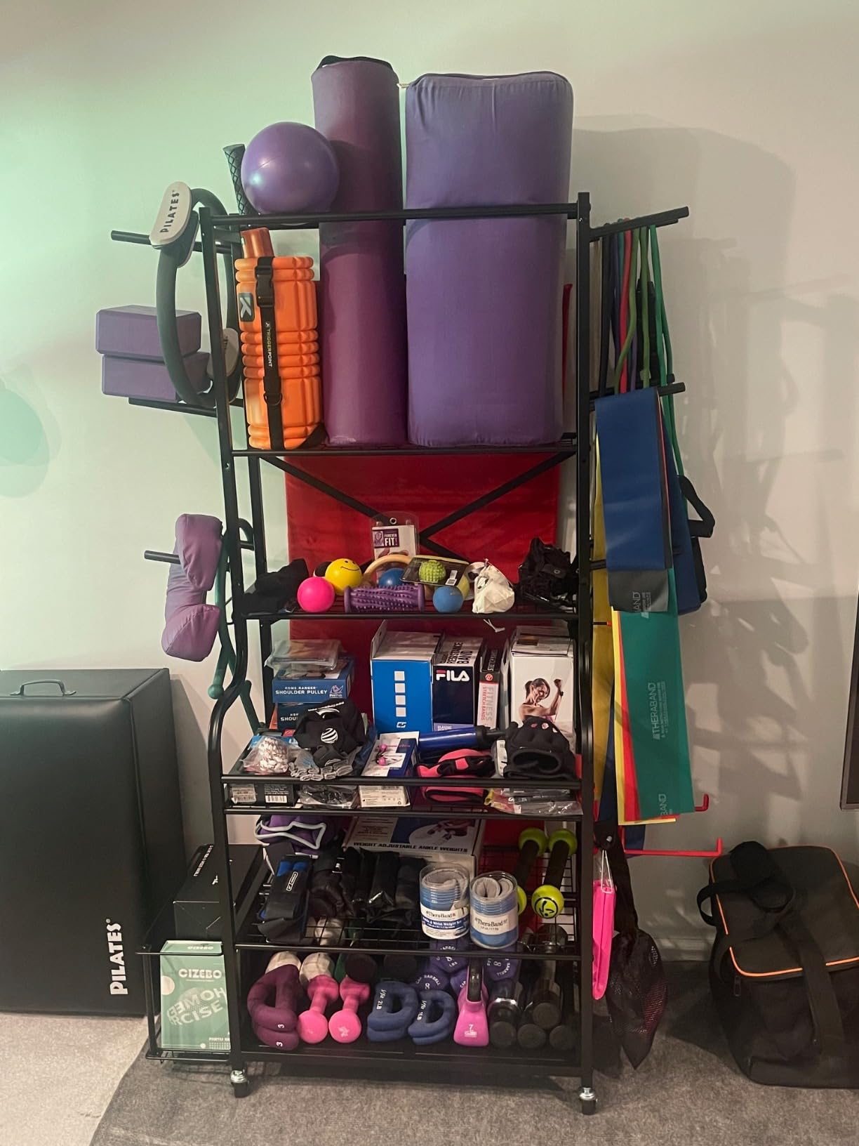 Mythinglogic Yoga Mat Storage Racks, Home Gym Storage Rack for Dumbbells Kettlebells Foam Roller, Yoga Strap and Resistance Bands, Workout Equipment Storage Organizer With Hooks and Wheels customer photo 2