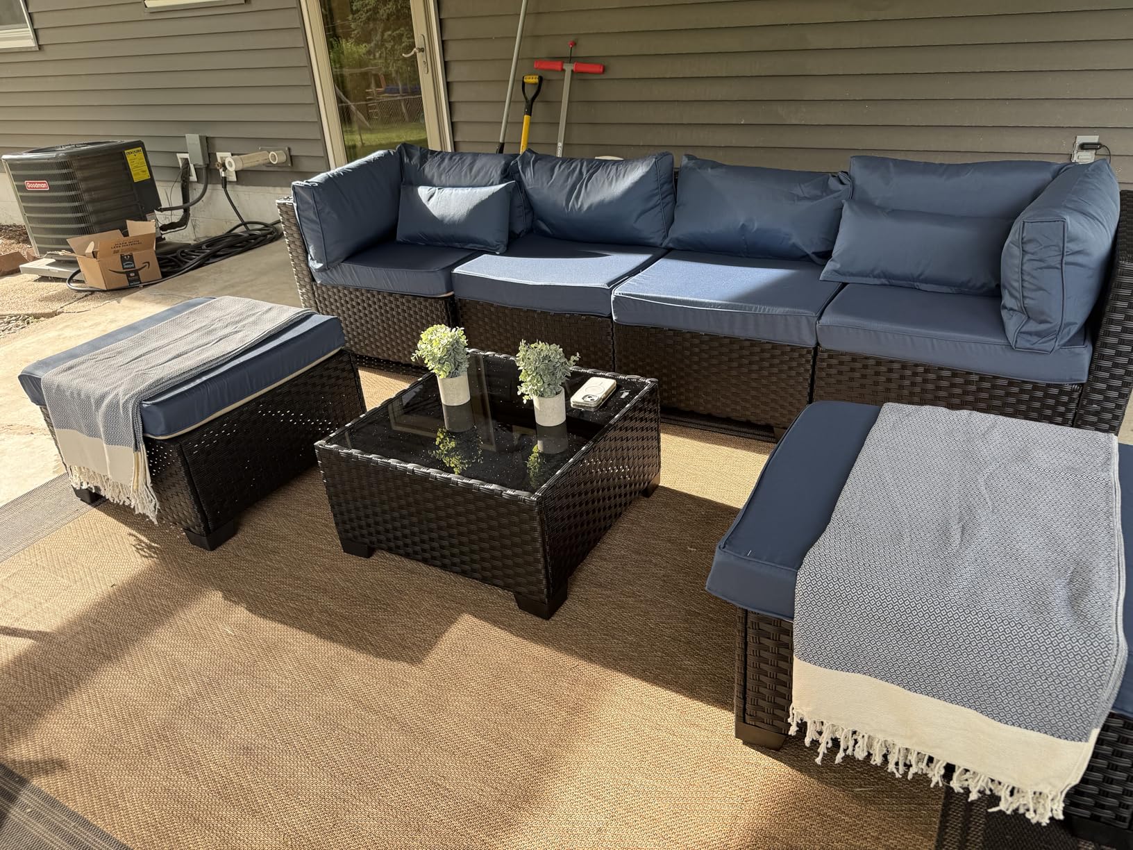 Lviden 7 Pieces Outdoor PE Wicker Furniture Set Patio Rattan Sectional Conversation Sofa Set with Khaki Cushions and Glass Top Table customer photo 2