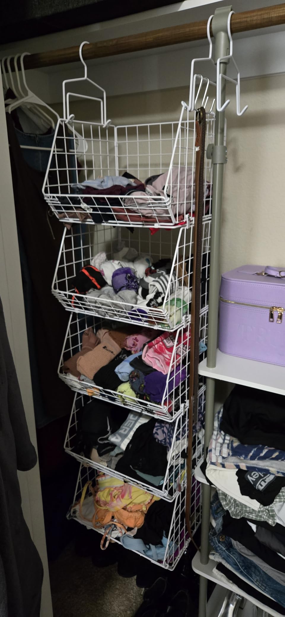 5 Tier Closet Hanging Organizer, Clothes Hanging Shelves with 4 Hanging Hooks 5 S Hooks, Wire Storage Basket Bins, for Clothing Sweaters Shoes Handbags Clutches Accessories Patent Design customer photo 1