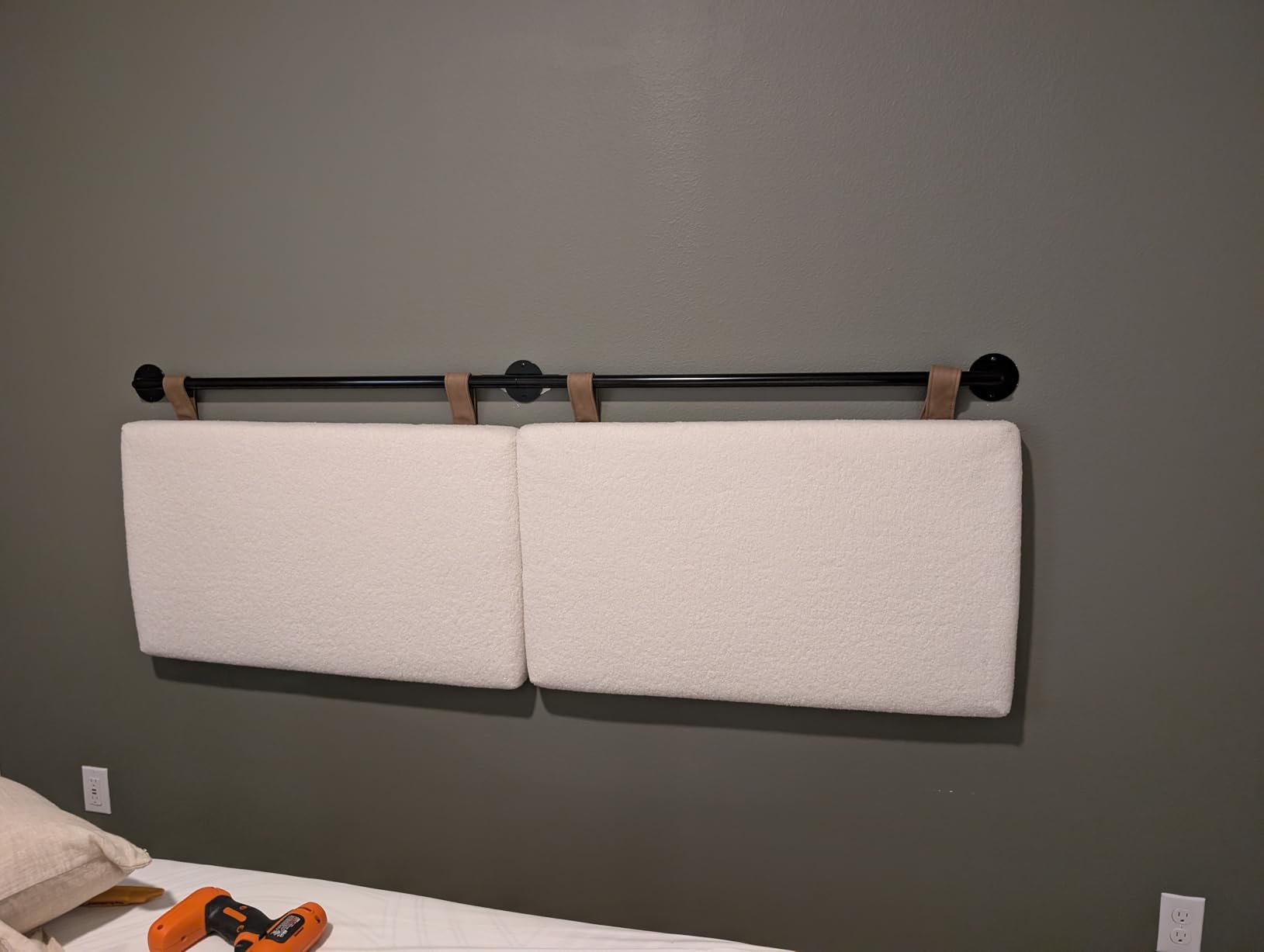 Nathan James Charlie Wall Mount Hanging Upholstered Headboard, Queen, White Boucle with Brown Faux Leather Straps customer photo 1