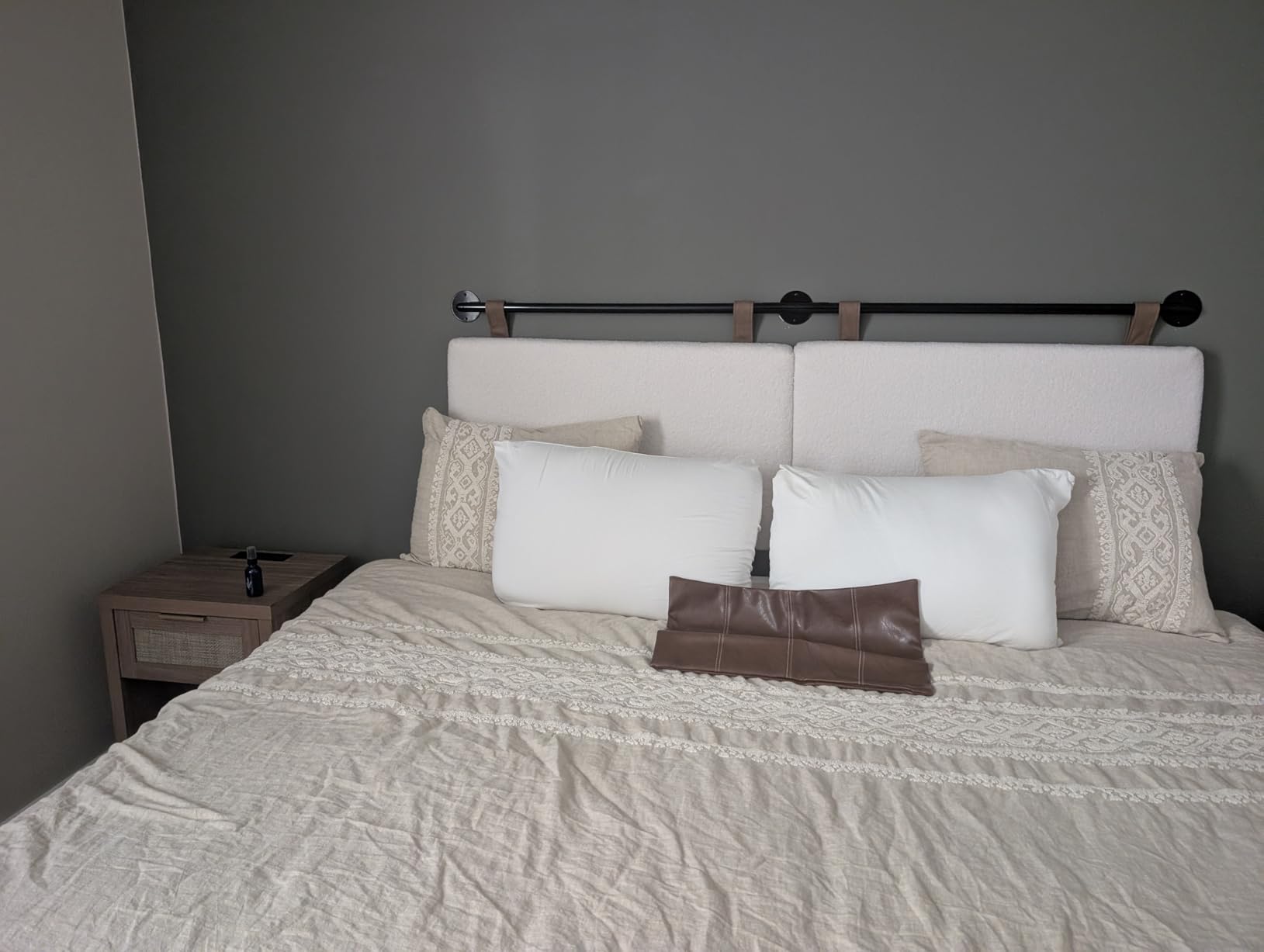 Nathan James Charlie Wall Mount Hanging Upholstered Headboard, Queen, White Boucle with Brown Faux Leather Straps customer photo 2