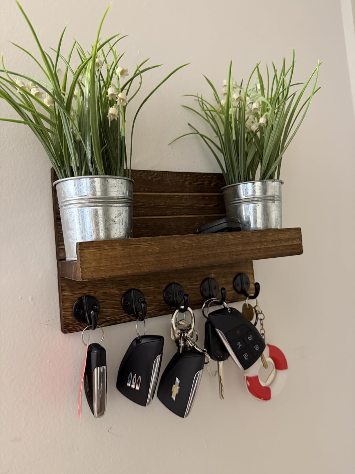 Lwenki Key Holder for Wall, Decorative Key and Mail Holder with Shelf Has Large Hooks for Bags, Coats, Umbrella - Paulownia Wood Key Hanger (9.8
