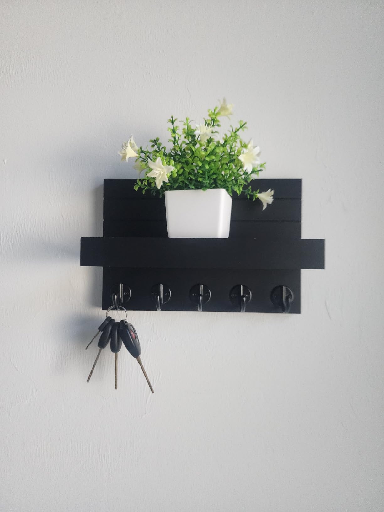 Lwenki Key Holder for Wall, Decorative Key and Mail Holder with Shelf Has Large Hooks for Bags, Coats, Umbrella - Paulownia Wood Key Hanger (9.8