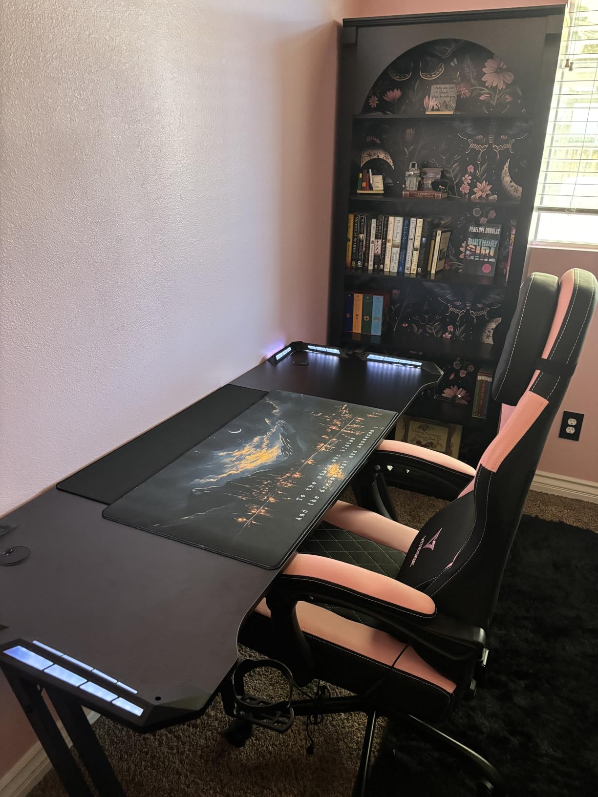 HLDIRECT 55 Inch Gaming Desk with LED Lights Carbon Fibre Surface Gaming Table Large Computer Desk Ergonomic Home Office Desks Z Shaped PC Gamer Workstations with Cup Holder & Headphone Hook Black customer photo 1
