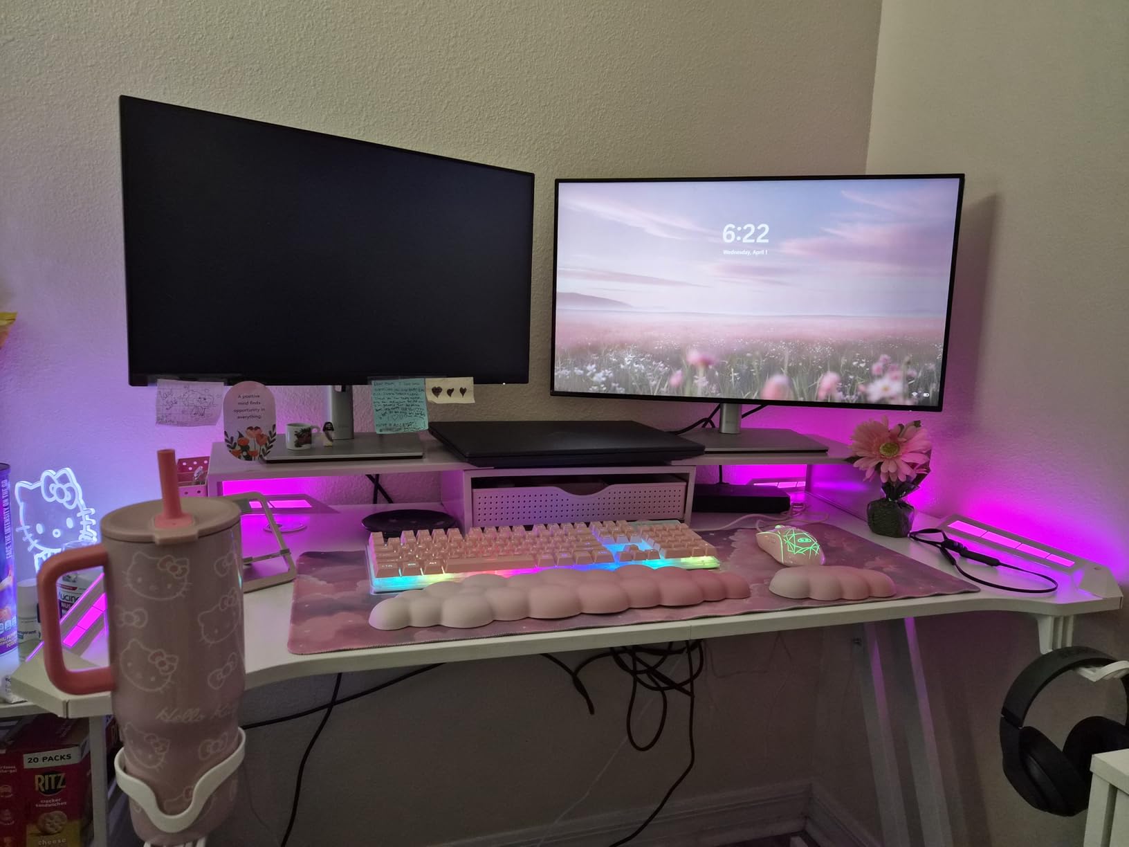 HLDIRECT 55 Inch Gaming Desk with LED Lights Carbon Fibre Surface Gaming Table Large Computer Desk Ergonomic Home Office Desks Z Shaped PC Gamer Workstations with Cup Holder & Headphone Hook Black customer photo 2