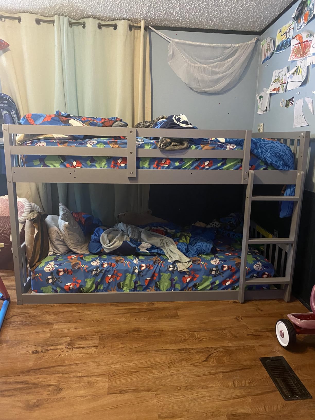 JOYMOR Solid Wood Low Twin Over Twin Bunk Bed for Kids/Junior, Bunk Bed Frame with Guardrails & Ladder for Boys Girls, No Box Spring Needed (Gray) customer photo 1