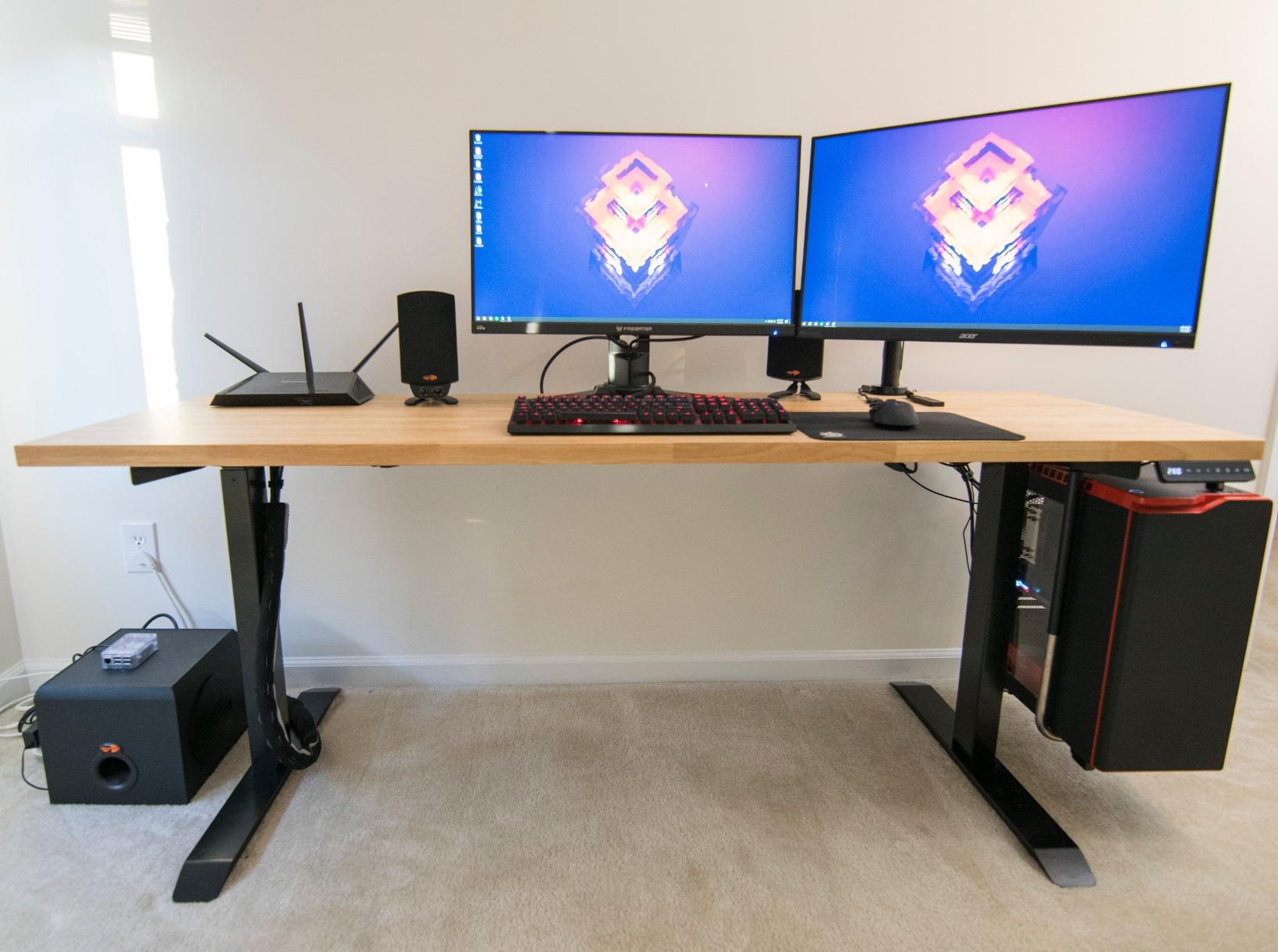 FEZIBO L Shaped Standing Desk with Arc LED & Power Outlet, Exclusive Uprated 3 Motors Support 330LBS, Electric Height Adjustable L Shaped Desk with Large Monitor Stand, for Gaming Office, Black Walnut customer photo 2